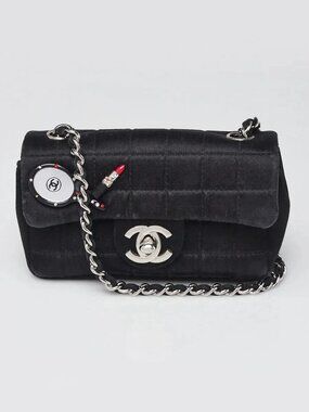 Chanel Black Square Quilted Satin Charms Mini Flap Bag